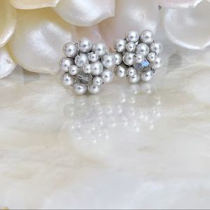Vintage Silver Faux Pearl Cluster Iridescent Bead Clip On Earrings Classic Bride